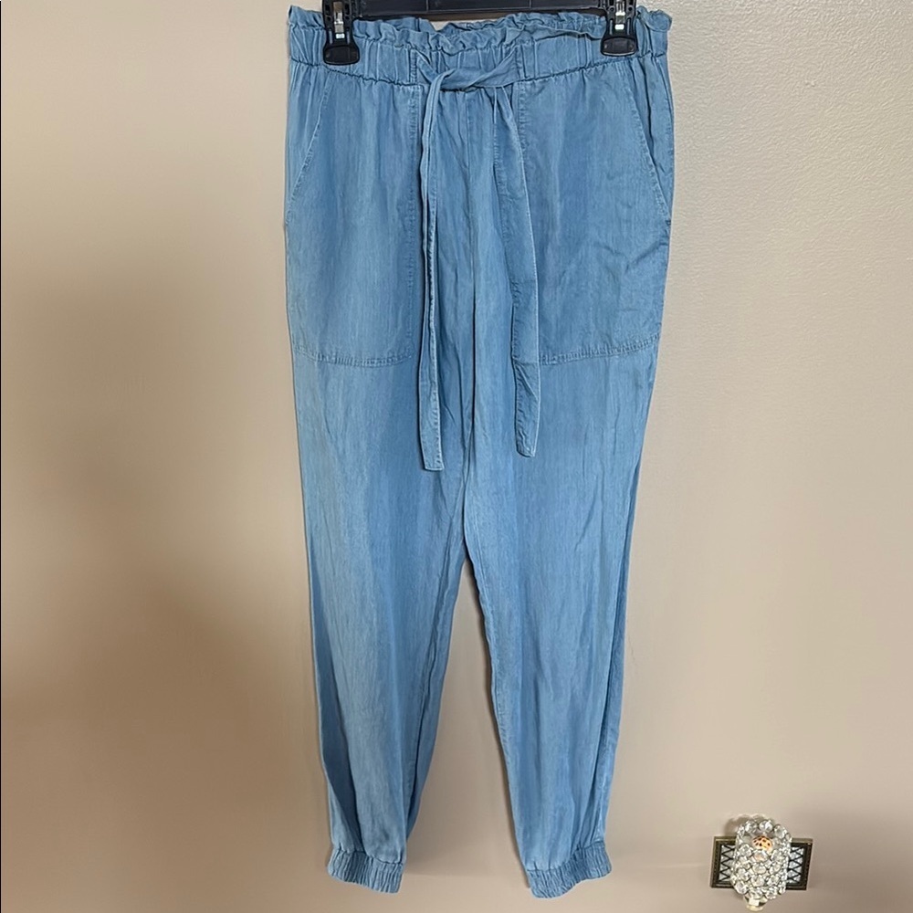 Denim Blue Drawstring organic RAYON jogger Pants pull on elastic waist belt Med - Picture 3 of 14